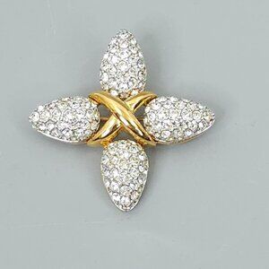 Swarovski Crystal Brooch Pin Gold Tone Criss Cross Clover Floral Petals Jewelry